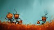 Cartoon three pumpkins, bandits, robbers and evil funny criminals, against the background of a field with copy space