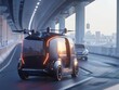The scene depicts an aerial drone following a futuristic 3D concept car, an autonomous self-driving van, as it moves through a city highway.