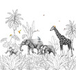Realistic drawing Mural Wallpaper. Safari Panorama Landscape Wildlife and Forest African Nature, Giraffe, Elephant, Lemur, Monkeys