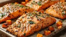   A Tight Shot Of A Pan Filled With Salmon And Sweet Potato Hash Browns On A Baking Sheet Lined With Parchment Paper