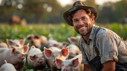 Wall Mural - A farmer tends to his pigs with care and respect, providing them with nutritious organic feed and ample space to roam, fostering a sustainable and eco-conscious approach to agriculture