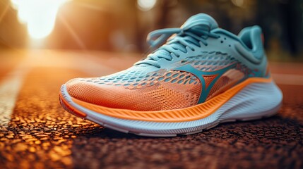 A pair of running shoes with vibrant colors and dynamic design,  on a track with motion blur to imply speed