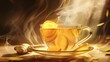steaming cup of fragrant ginger tea with sliced ginger root digital art