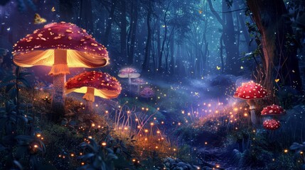 Wall Mural - mysterious dark forest with ethereal glowing mushrooms and fireflies enchanting fairy tale atmosphere digital fantasy painting