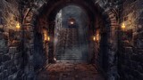 Fototapeta  - ominous medieval castle dungeon interior stone walls torches night darkness symmetrical staircase eerie atmosphere digital painting
