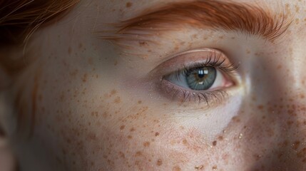 Natural Redhead Woman Close-Up with Freckles and Blue Eye