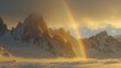   A rainbow shines brightly in the sky above a snow-covered mountain range, featuring a snow-capped peak in the foreground
