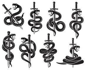 Wall Mural - collection of snake and sword in tattoo style isolated on white background