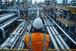 Engineer surveying expansive pipeline and pipe rack of an industrial plant, symbolizing progress and innovation.