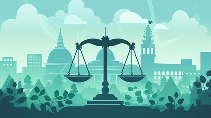 Poster - scales of justice symbolizing fairness and legal protection courthouse building in the background law concept illustration