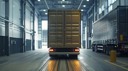 Rear view of a large truck being loaded with boxes   capturing the essence of streamlined operations at an industrial warehouse