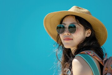 Wall Mural - Joyful young Asian tourist woman ready for holiday travels against a vibrant blue background.