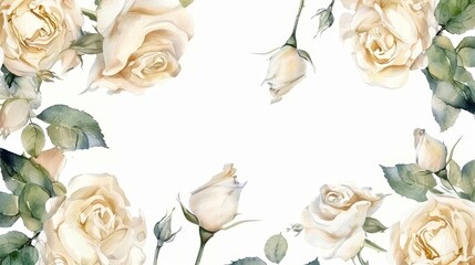 Wall Mural - seamless watercolor frame with delicate white cream roses and green leaves on white background illustration