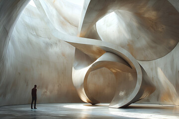 Wall Mural - one person stood in a large empty room with a statue behind it. the room was filled with light. give