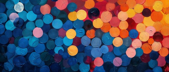 Poster - Closeup of abstract rough colorful multicolored geometric circular circles points art painting texture 3d pattern wallpaper, with oil brushstroke, pallet knife paint on canvas