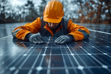 A technician in safety gear carefully installs solar panels on a roof, suggesting maintenance and green energy job sector