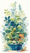 Aventurine Affair A Tranquil Forest Glade with Aventurine Flowerpots Amidst Lush Foliage and Whimsical Watercolor