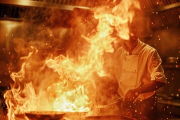 Wall Mural - Seasoned chef cooking over open flame in bustling kitchen, capturing intensity and passion of culinary craft.