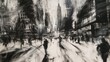 Urban Sketch. Charcoal sketch capturing the bustling metropolis with jagged lines depicting towering skyscrapers, winding streets, and blurred figures.