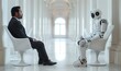 Man and AI robot waiting for a job interview: AI vs human competition
