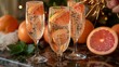   A tight shot of three wine glasses, each brimming with liquid and elegantly adorned with orange slices and a sprig of mint