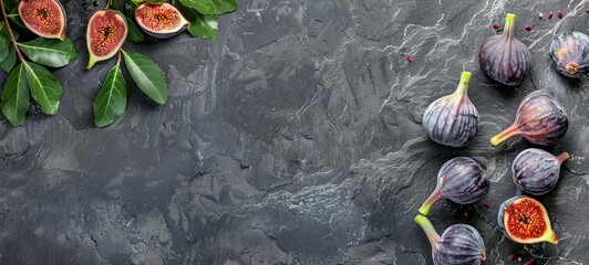 Wall Mural - Fresh fruits figs on a stone black table. place for text. View from above. generative ai