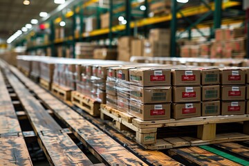 Pallets of finished goods are staged near the shipping area, wrapped and labeled for transport, ready to be loaded onto trucks and sent to customers, illustrating the final stage of the supply chain p