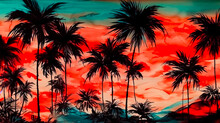 Travel Beach Sunset Illustration. Tropical Watercolor Silhouette Palm Trees. Landscape With Stormy Sky. Exotic Vacation Holiday Art. Brush Strokes, Paint Wash, Hand Painted, Red, Black, Turquoise, 