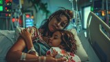 Fototapeta Uliczki - Mother and Daughter in Hospital. A tender moment between a mother and her sick daughter in a hospital room, their bond transcending the clinical setting.