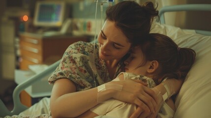 Maternal Love in a Hospital Room - A mother comforts her sick daughter, showcasing the healing power of love and compassion in a sterile hospital environment.