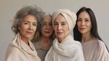 Fototapeta Uliczki - Empowering Self-Care - Middle-aged women practicing beauty routines and skincare in natural tones.