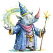 A cartoon rhinoceros wearing a wizard hat and holding a magic wand