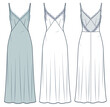 Slip Dress technical fashion illustration. Maxi Dress with Lace trim fashion flat technical drawing template, back zip-up, strap, front and back view, white, blue, women CAD mockup set.