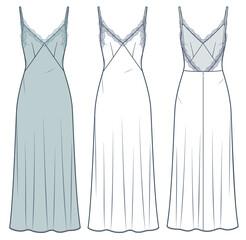 Wall Mural - Slip Dress technical fashion illustration. Maxi Dress with Lace trim fashion flat technical drawing template, back zip-up, strap, front and back view, white, blue, women CAD mockup set.