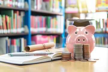 Wall Mural - piggy bank and money coins saving set on table for concept education and scholarships