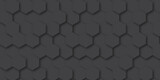 Fototapeta Przestrzenne - Dark grey hexagonal tech background texture. hexagonal grid seamless pattern with small cell. 3d render geometric pattern wallpaper. Futuristic Honeycomb Mosaic. ceramic floor tiles.