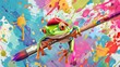 Whimsical Tree Frog. Mischievous Artist in Colorful World - A playful illustration of a tree frog wearing an artist's beret, balancing on a paintbrush amidst colorful splatters.