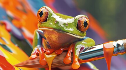 Wall Mural - Close-up of a tree frog on a paintbrush with vibrant paint.