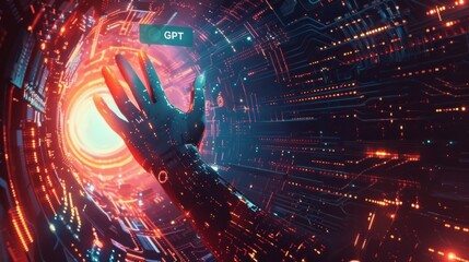 Poster - AI chat interface with a hand reaching out from a data vortex, symbolizing connection in the digital world.