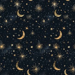 Wall Mural - Enchanting Celestial Pattern with Golden Moons and Stars on Navy Background