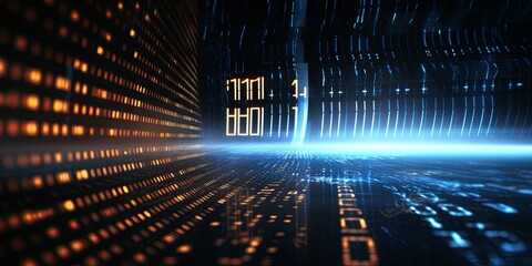 Wall Mural - White abstract binary code background with glowing light rays and digital numbers for technology concept