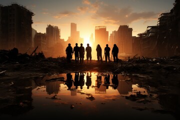 a group of workers on a construction site, with engineering infrastructure and business people silhouetted against industrial buildings