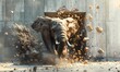 Dynamic image of an elephant crashing through a barrier, symbolizing breakthrough and strength. Elephant breaking through wall in powerful charge.