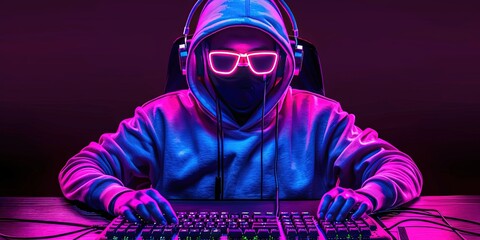 Man wearing a hoodie in magenta and blue vintage synthwave color pallet. glowing pink glasses and headphones, typing on keyboard