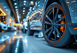 Car tires and alloy wheels in row in car service