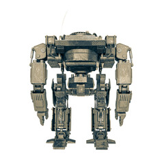 machine is standing up on a pose in white background rear view