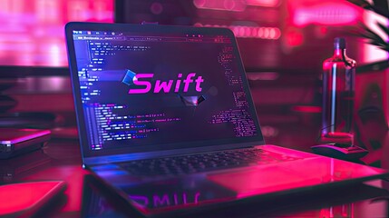 Swift inscription against a laptop and code background