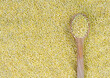 Raw millet groats in a wooden spoon on a background of millet. Top view. Selective focus.