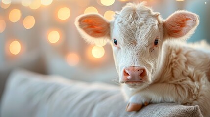 Poster -   A tight shot of a cow seated on a couch, a book of lights adorning the wall behind it