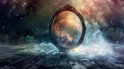 Wall Mural - A large glowing mirror in the shape of a circle floats in the sky above the wooden floor. The circle is surrounded by a hazy, otherworldly atmosphere.